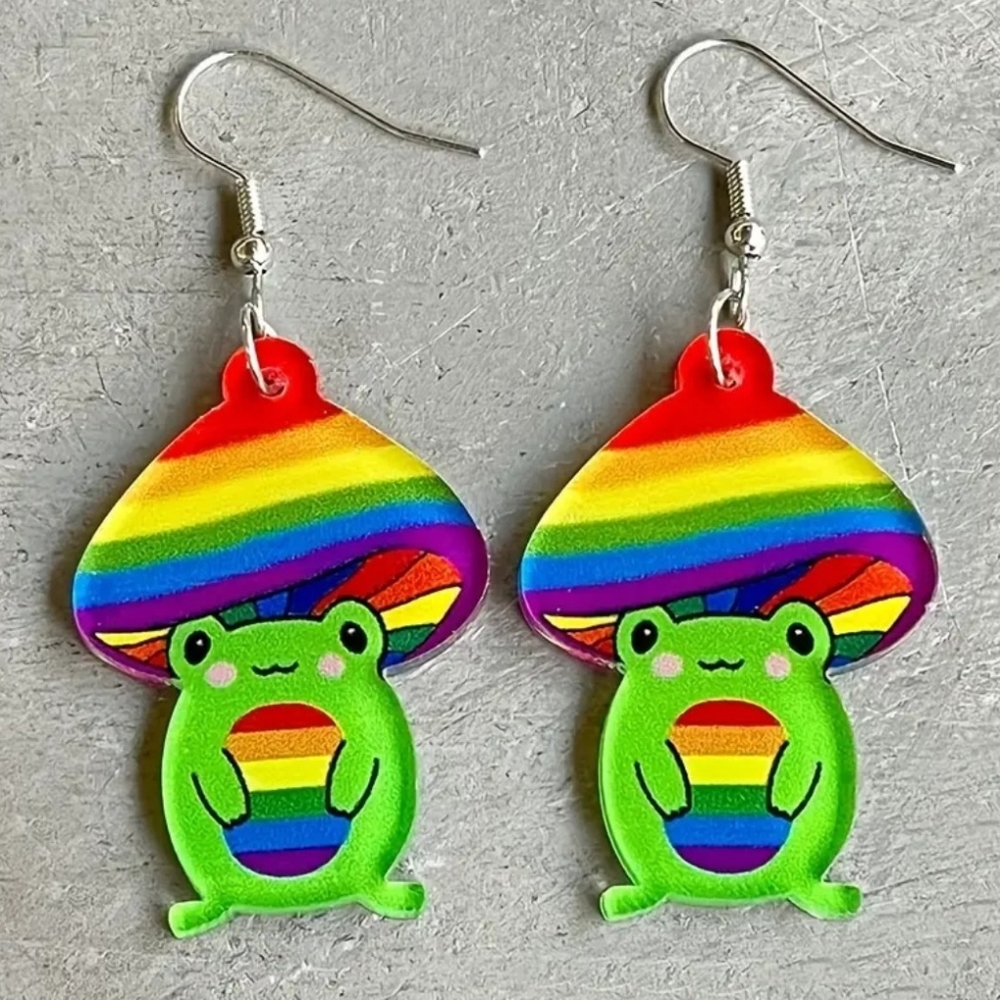 Mcgoogle hippie peace frog rainbow mushroom earrings